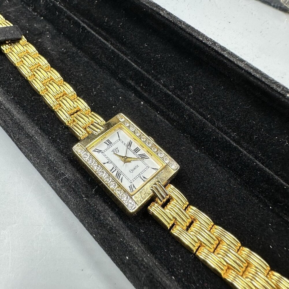 Gold-tone Women's Rectangular Crystal Accent Watch